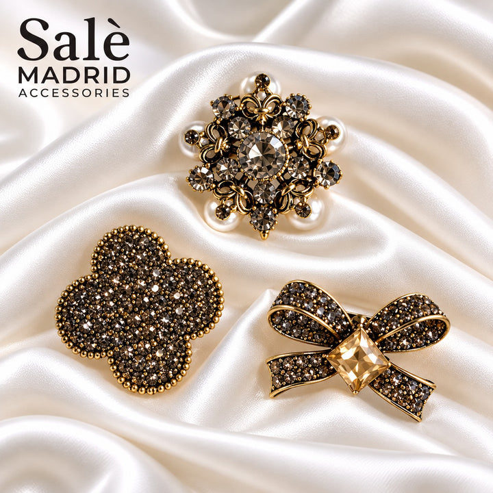 SET 3 BROOCH TEDDY BEAR BOW HEART PEARL CRYSTAL GOLD