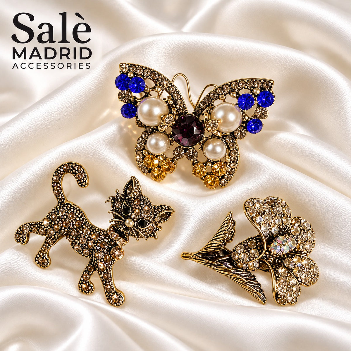 SET 3 BROOCH BUTTERFLY BLUE PEARL CAT BRONZE FLOWER