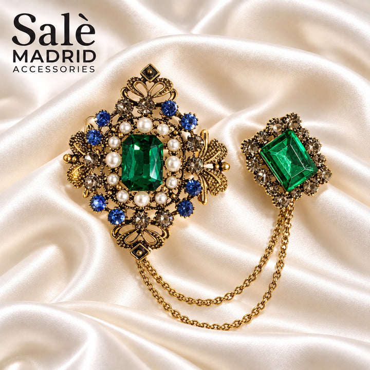SET 2 BROOCH CHAIN EMERALD GREEN ROYAL VICTORIAN GOLD