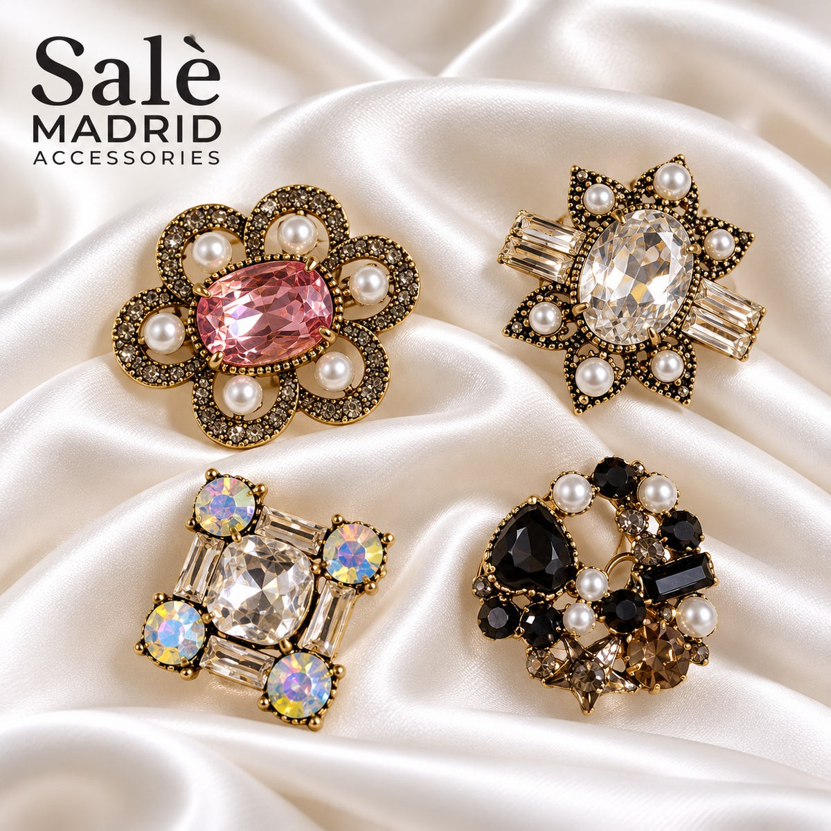 SET 4 BROOCH MINI PINK CLEAR AB BLACK PEARL GOLD Main image