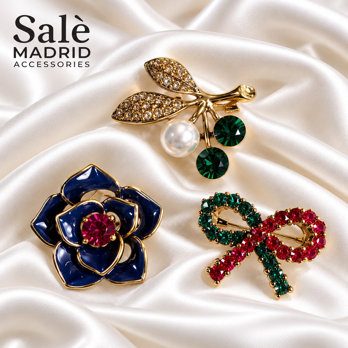 SET 3 BROOCH BLACK FLOWER GREEN LEAF PEARL RED GREEN BOW GOLD Main image