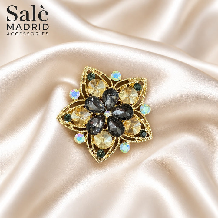 BROOCH STAR FLOWER GREY SMOKEY CHAMPAGNE CRYSTAL GOLD