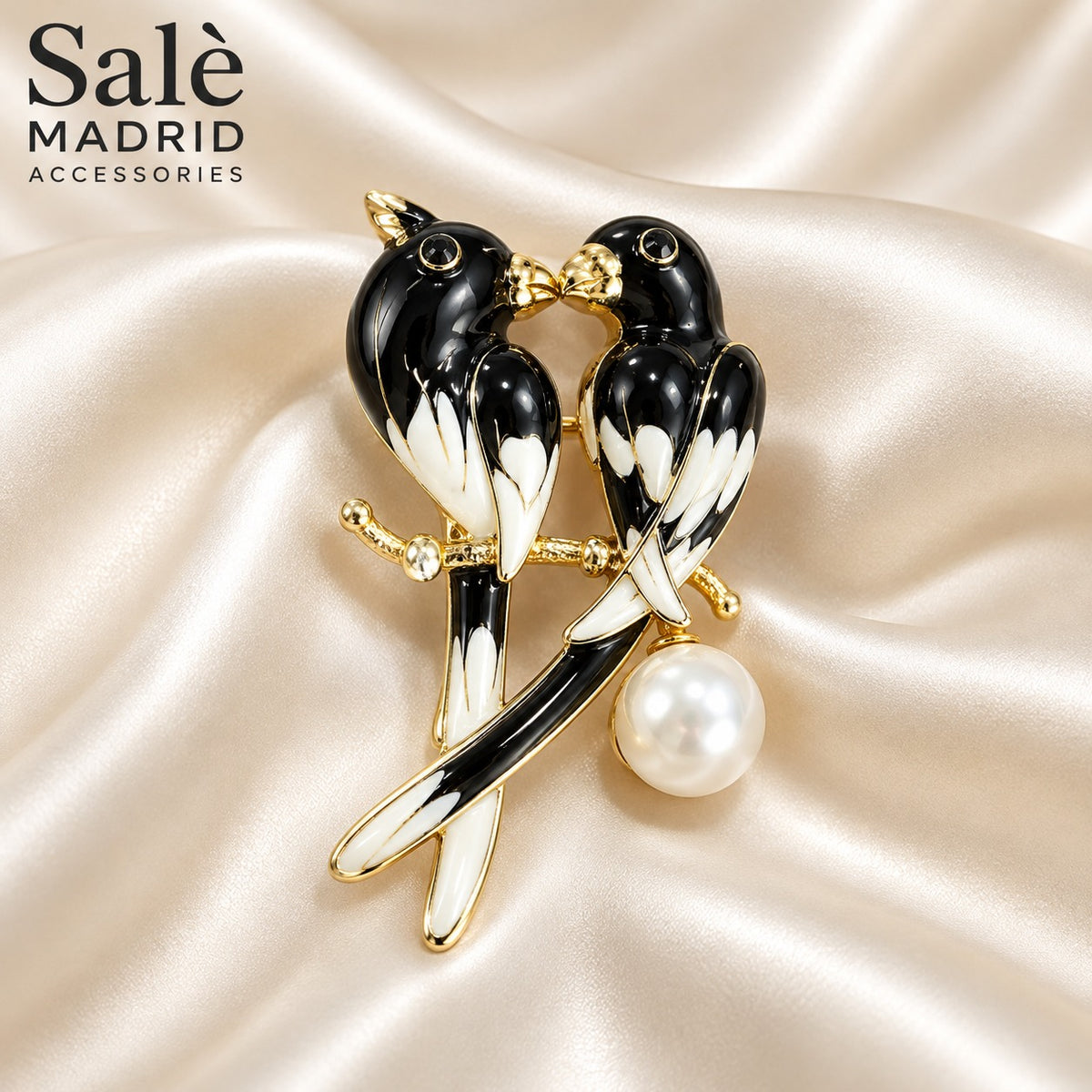 BROOCH DOUBLE BIRD BLACK WHITE ENAMEL PEARL GOLD Main image