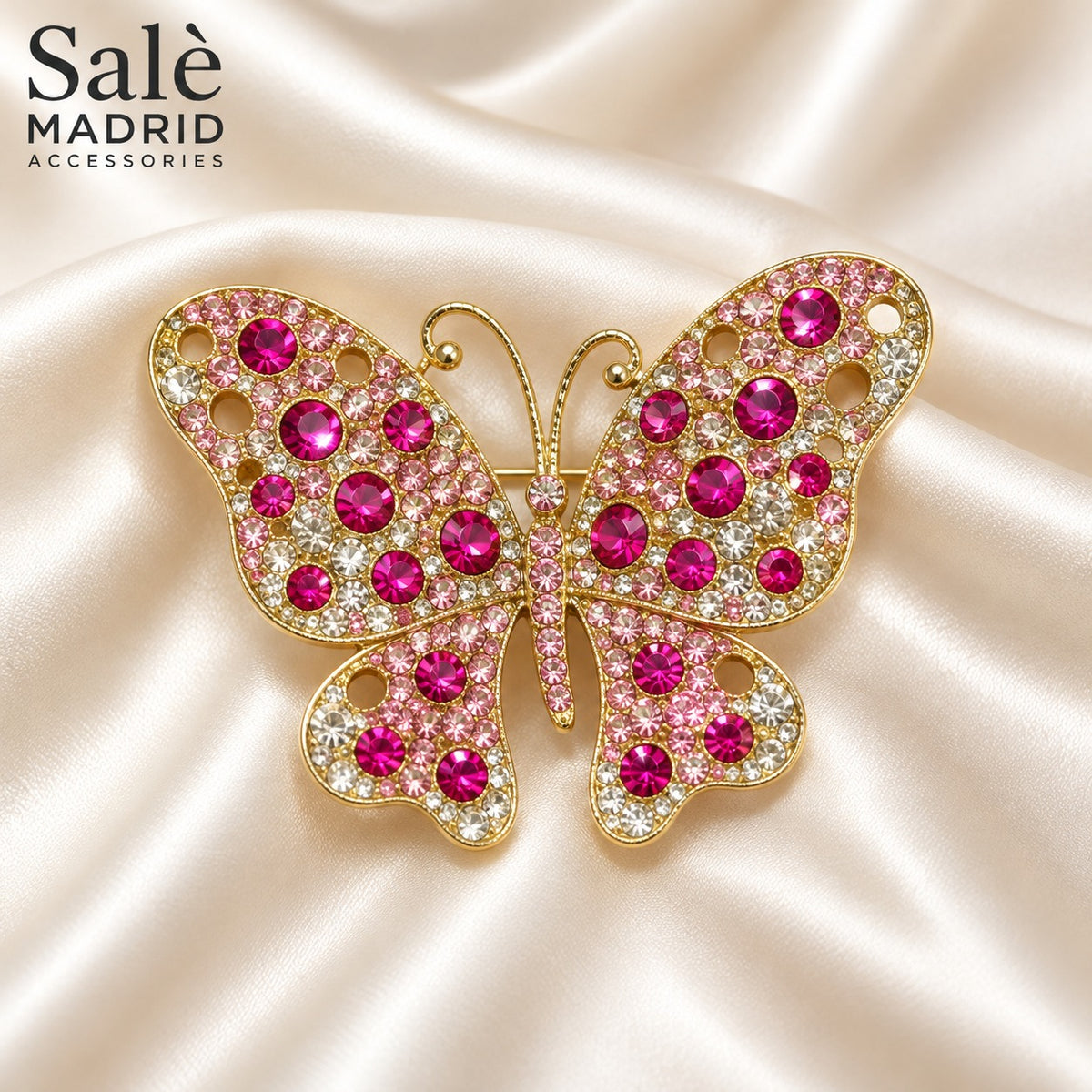 BROOCH BUTTERFLY PINK FUCHSIA CRYSTAL GOLD LARGE Main image