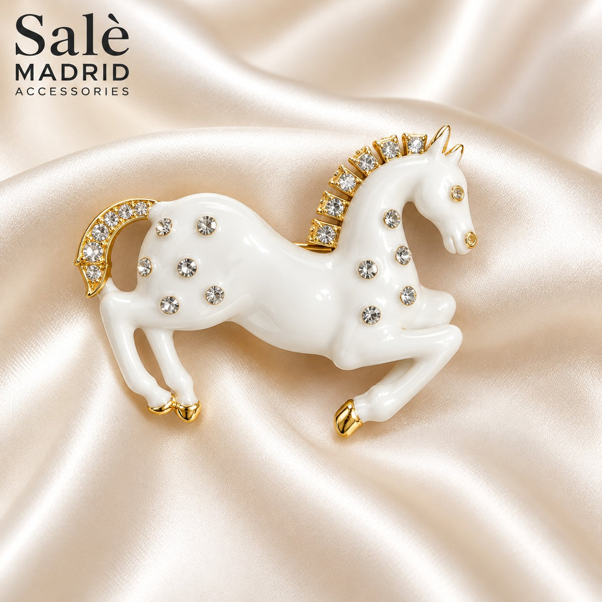 BROOCH HORSE WHITE ENAMEL CRYSTAL GOLD JUMPING LARGE Main image