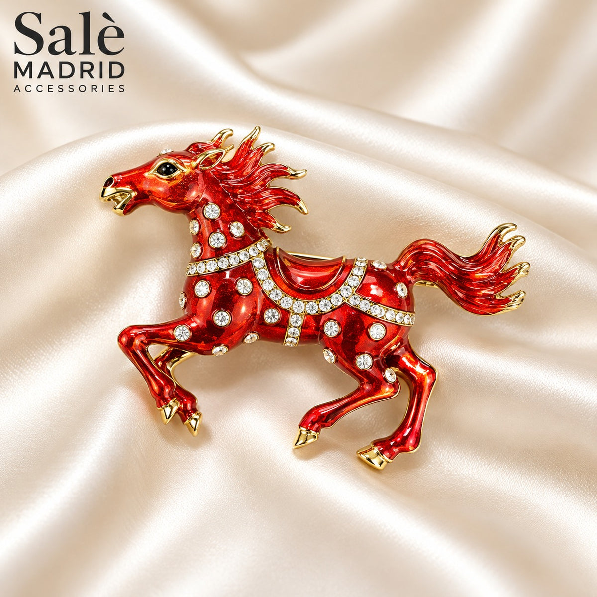 BROOCH HORSE RED ENAMEL CRYSTAL GOLD JUMPING Main image
