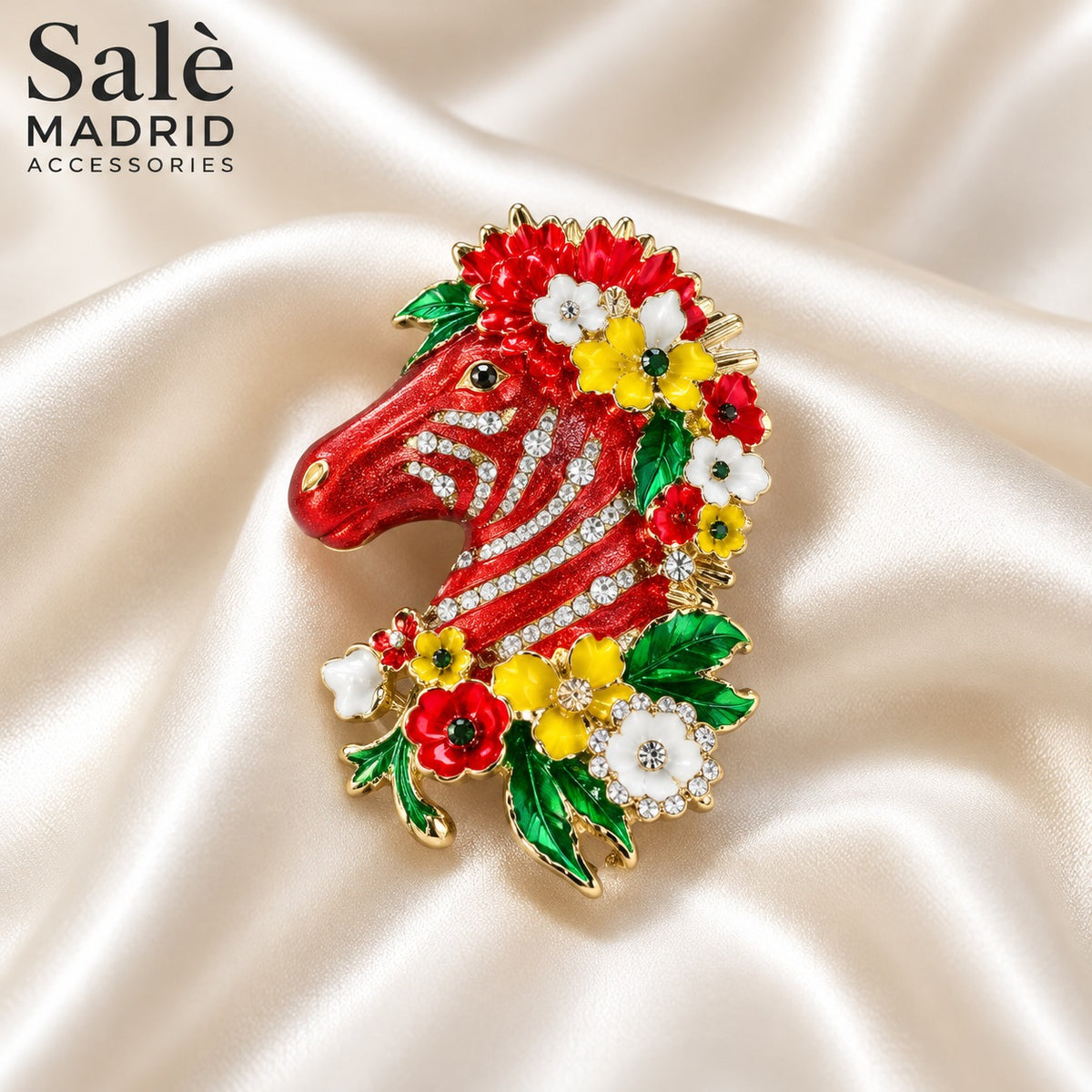 BROOCH ZEBRA HOUSE RED ENAMEL FLORAL CRYSTAL GOLD Main image