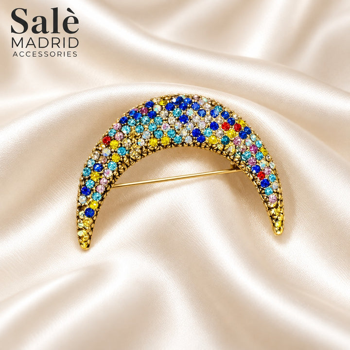 BROOCH MOON CRESCENT MULTICOLOR CRYSTAL GOLD