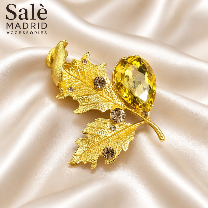 BROOCH LEAF GOLD 2 YELLOW TEADROP CRYSTAL