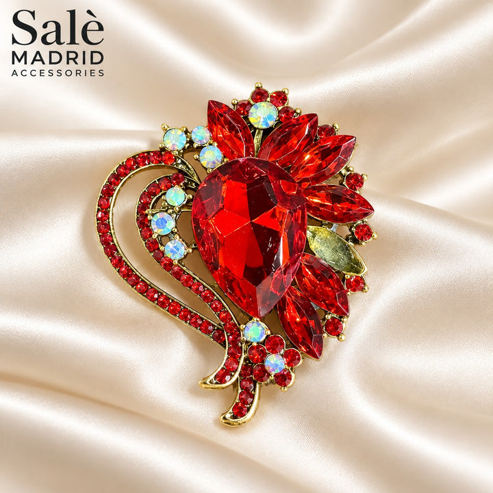 BROOCH FLOWER HEART RED LARGE TEADROP BOLD