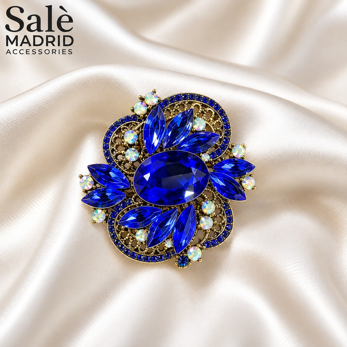 BROOCH FLOWER BLUE ROYAL CRYSTAL CLUSTER GOLD LARGE Main image