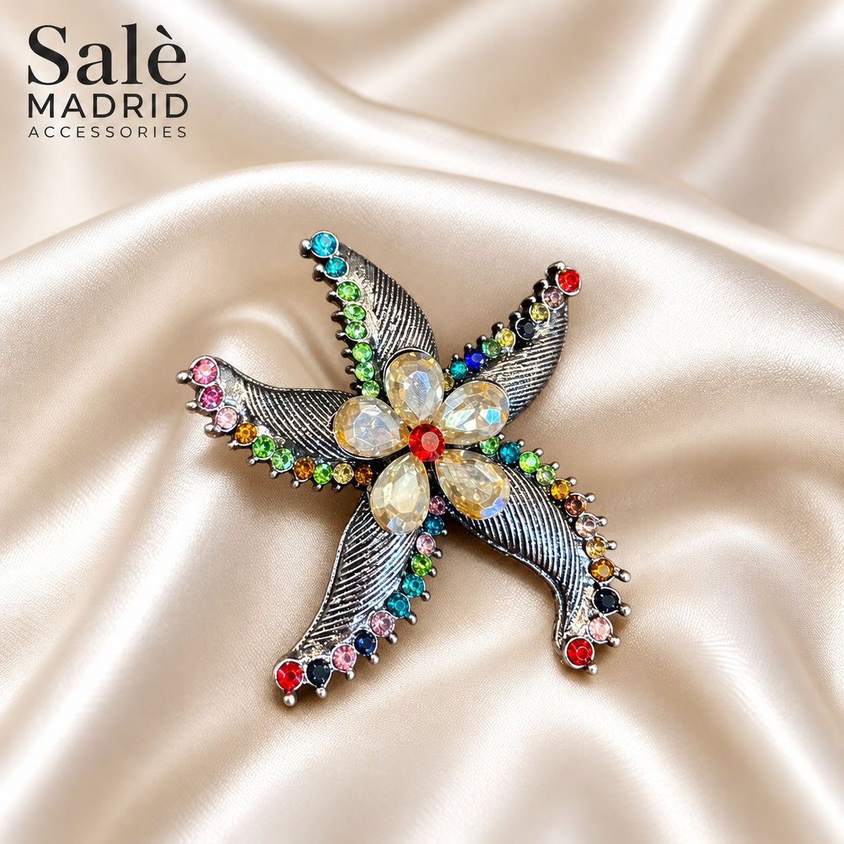 Silver-Tone Multicolor Crystal Starfish Brooch