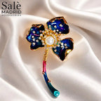 BROOCH ORANGE PURPLE GINKGO FLOWER PEARL LONG STEM