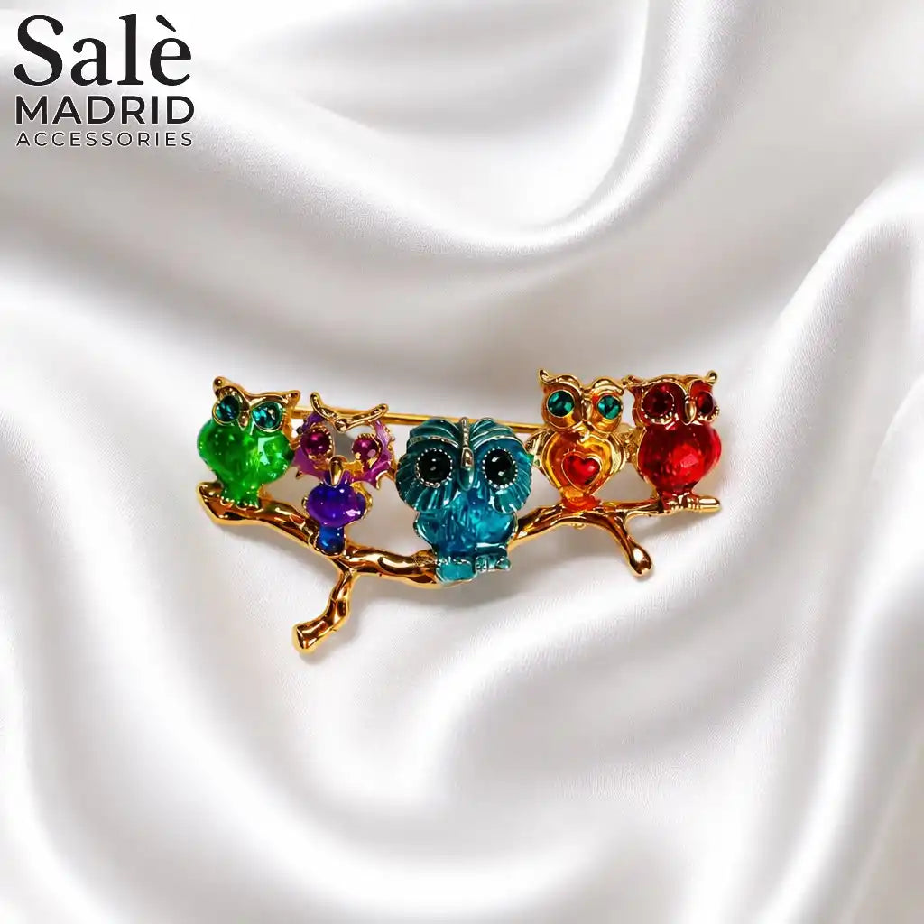 BROOCH GOLD OWLS ON BRANCH COLORFUL CRYSTAL ANTIQUE Secondary image