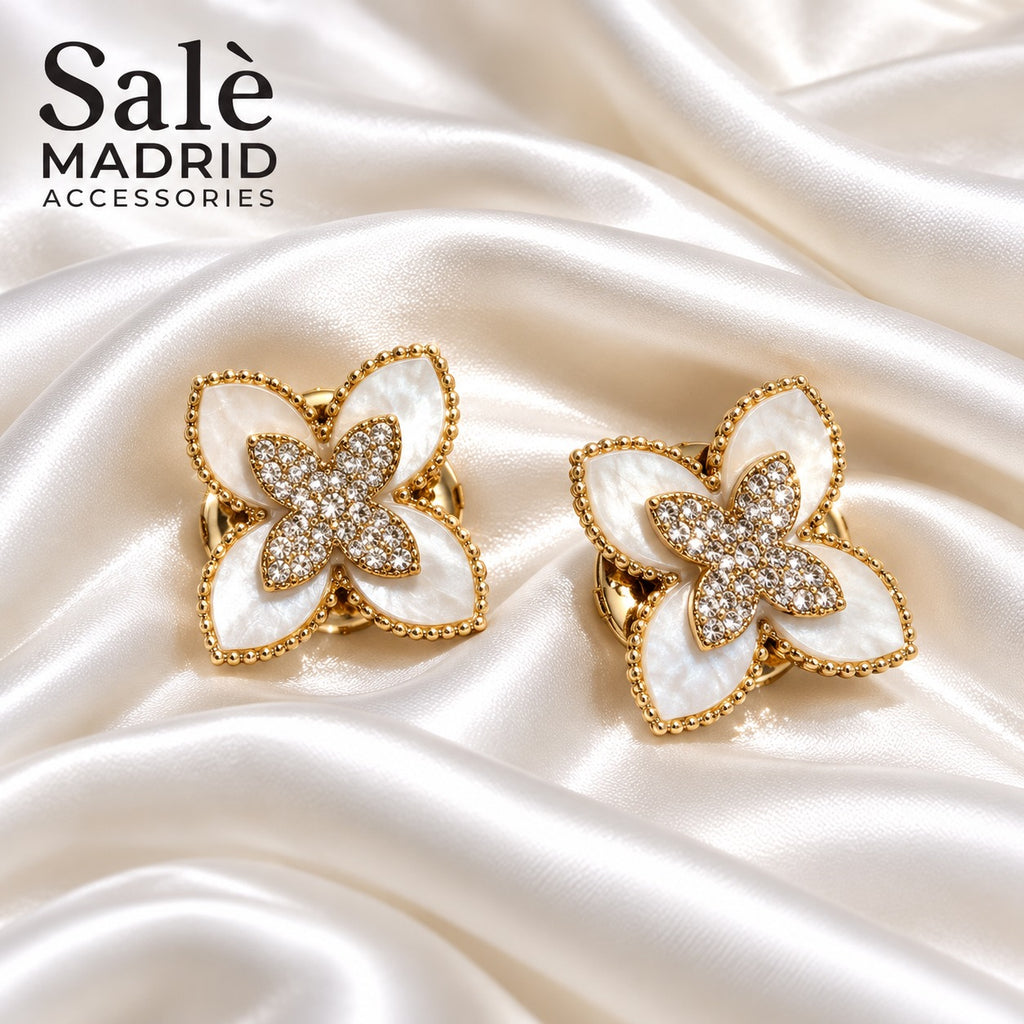 SET 2 CUFFLINKS FLOWER 4 PETAL WHITE CRYSTAL SET 2PCS