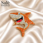 BROOCH SHARK CRYSTAL GOLD ENAMEL OPEN MOUTH