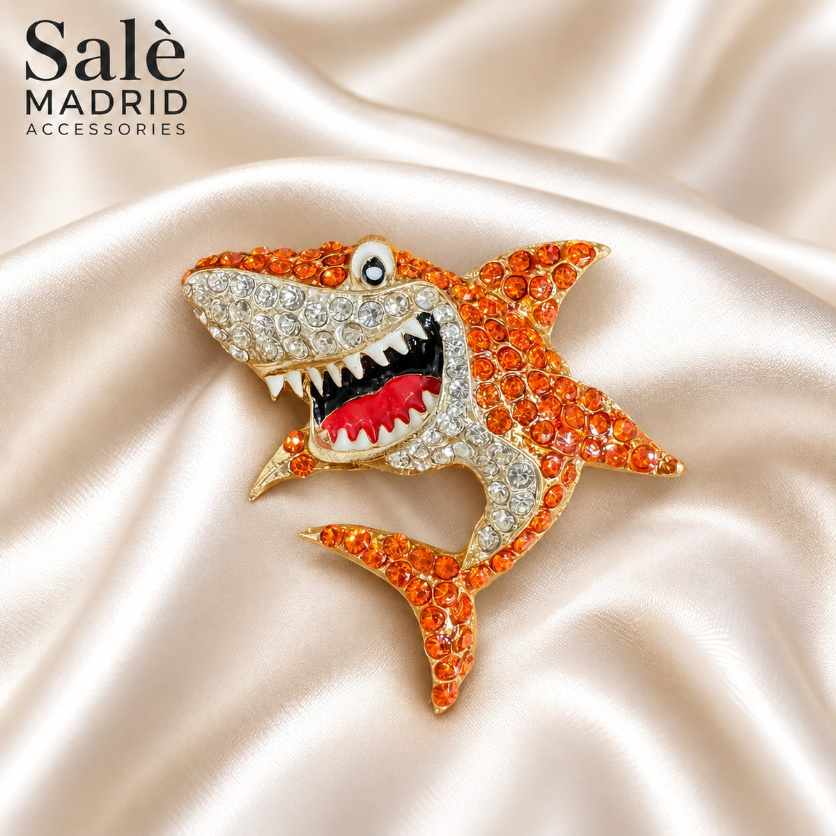 BROOCH SHARK CRYSTAL GOLD ENAMEL OPEN MOUTH