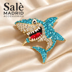 BROOCH SHARK CRYSTAL GOLD ENAMEL OPEN MOUTH